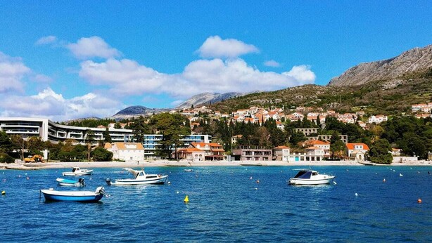 A coastal town with boats on the water, buildings along the shore, and a mountain in the background.