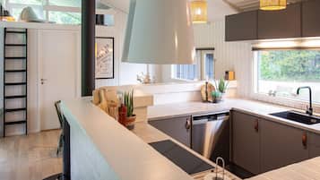 Fridge, stovetop, dishwasher, coffee/tea maker