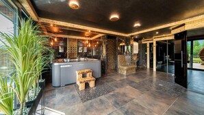 Una cocina moderna con una isla central, una planta grande en maceta y una pared decorativa de piedra.