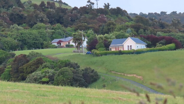 Paisaje rural con dos casas en una colina, rodeado de vegetación y un camino sinuoso.