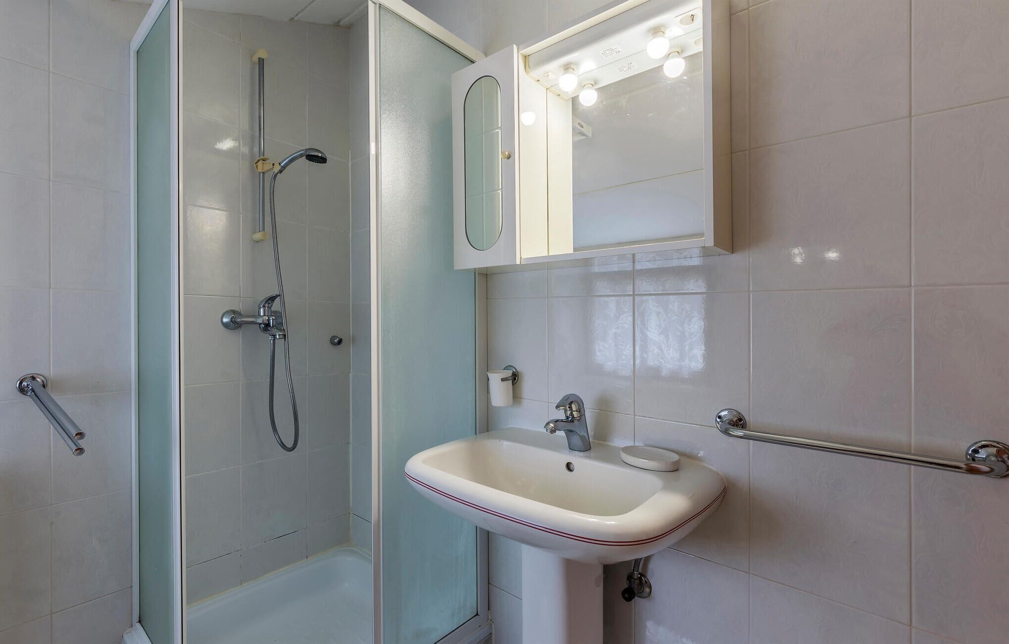 A bathroom with a glass-enclosed shower, a white sink with a mirror above it, and a handrail on the right side.