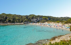 A beach with clear turquoise water, people swimming and sunbathing, and a rocky cliff with greenery in the background. - Nice home in Bonifacio with kitchenette (Bonifacio)