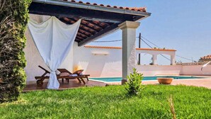 A covered outdoor seating area with a pool, a pergola, and a view of the sea. - Awesome home in Novo Selo (Novo Selo)