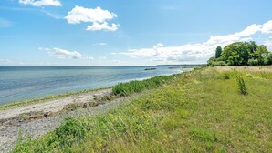 Et kystlandskab med klart himmel, sandstrand og en græsplæne med træer.