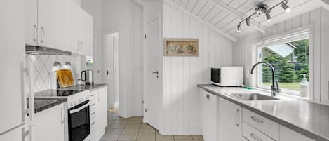 Fridge, stovetop, dishwasher, coffee/tea maker