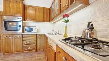 Fridge, stovetop, dishwasher, coffee/tea maker