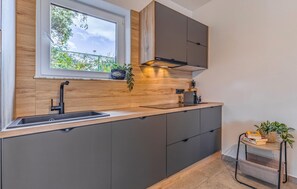 Kylskåp, spishäll, diskmaskin och grytor/köksredskap