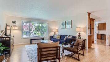 Smart TV, fireplace, books, offices