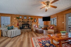 TV, fireplace - Private log cabin on the lake! Beach/waterfall/ dogs. (Lake Lure)
