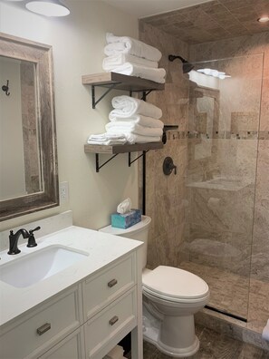 Shower, hair dryer, towels, soap