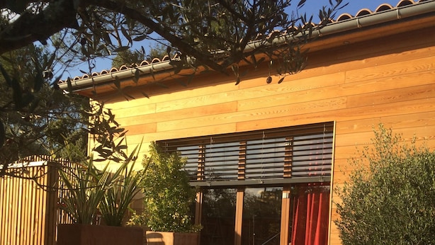 Une terrasse en bois avec un banc, une bouteille en verre et une plante en pot.