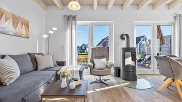 TV, fireplace, video library