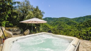 Un jacuzzi con vistas a una cadena montañosa boscosa.