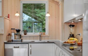 Fridge, stovetop, dishwasher, coffee/tea maker
