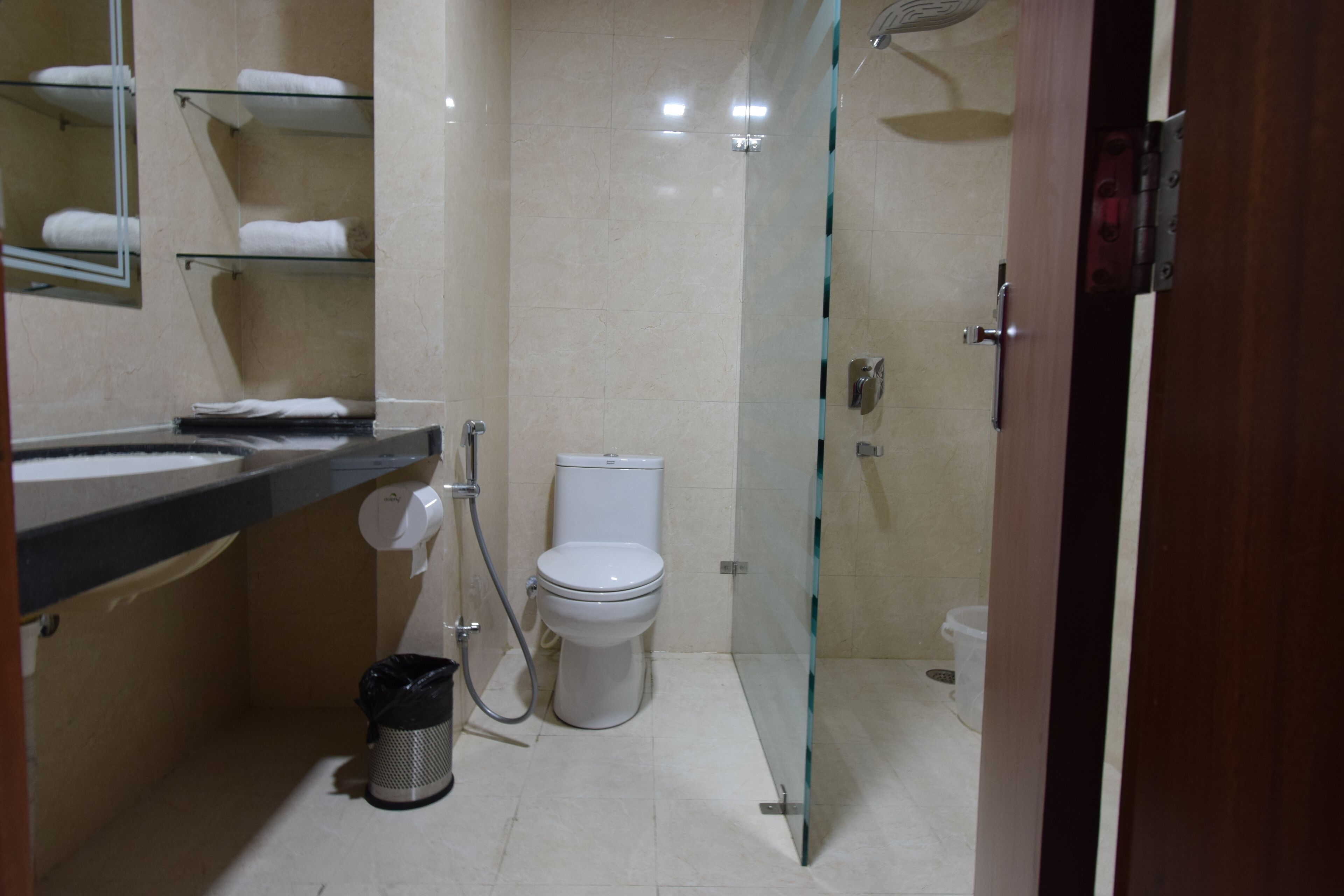 A modern bathroom with a glass shower enclosure, a toilet, and a sink with a towel rack.