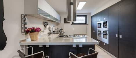 Fridge, stovetop, dishwasher, coffee/tea maker