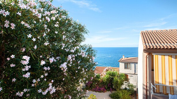 Una propiedad costera con vistas al mar, un jardín con flores rosadas y arquitectura tradicional.