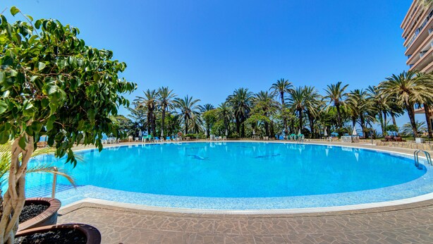 A large, clear swimming pool surrounded by palm trees and a building. - Luxury Apartment, Fast WIFI, Large Terrace, Heated Pool, Marazul (Adeje)