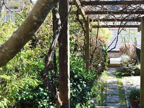 Ein Gartenpfad mit einer Pergola, umgeben von üppigem Grün und blühenden Pflanzen.