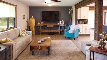 Smart TV, fireplace, books, offices