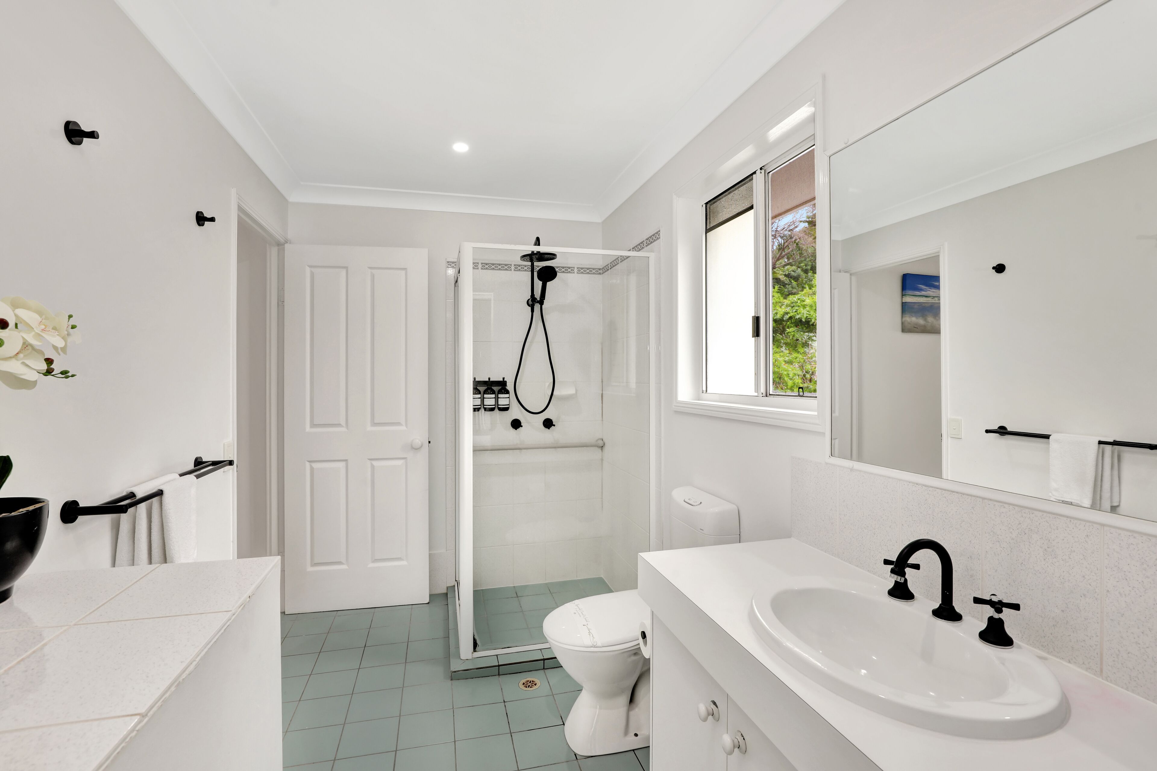 Shower, hair dryer, towels