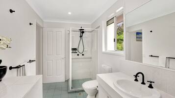 Shower, hair dryer, towels