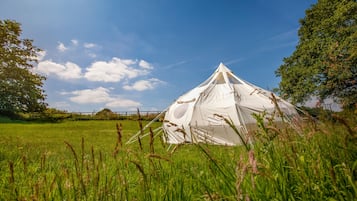 A white tent in a grassy field with trees and a clear sky.