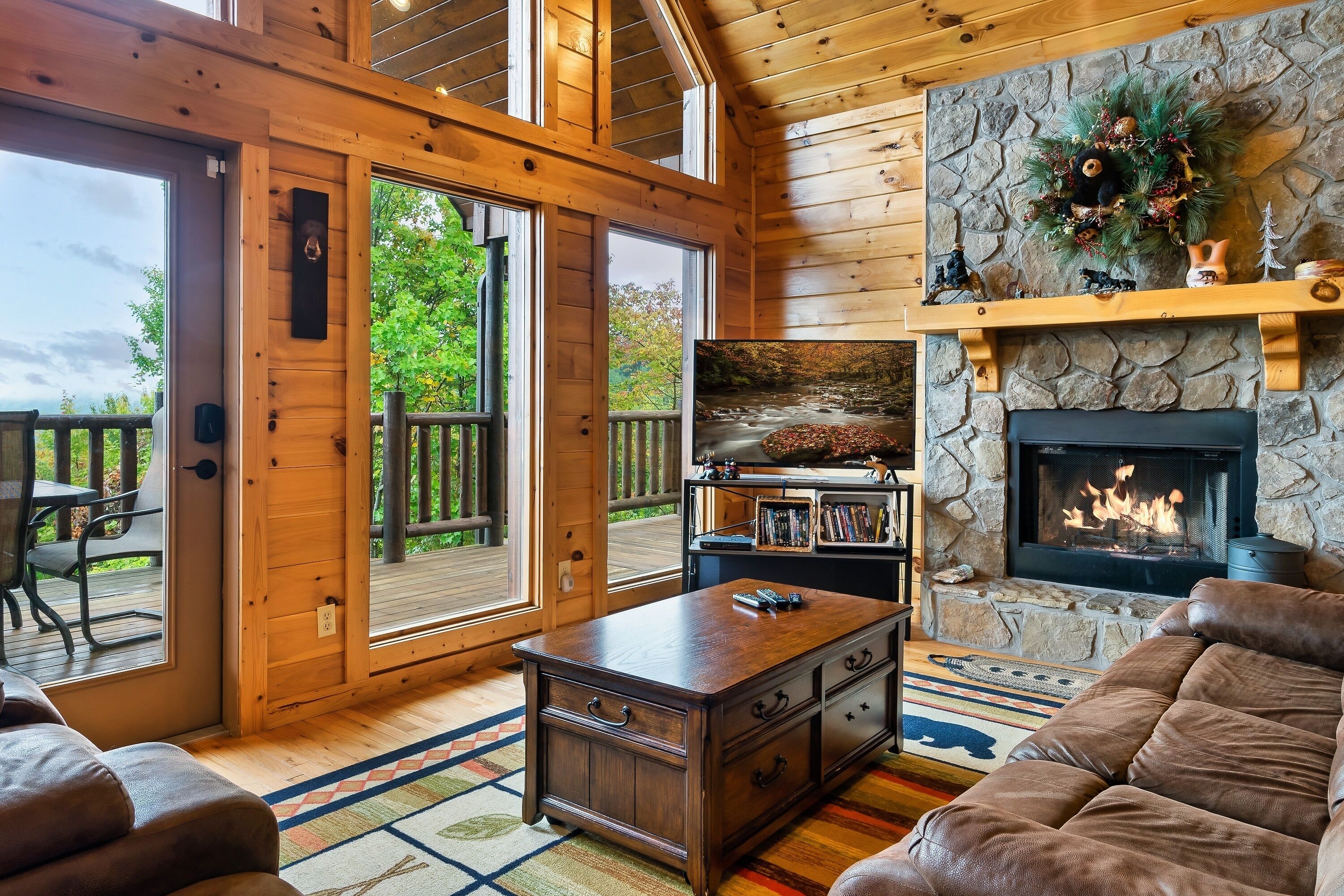 Smart TV, fireplace, video games, DVD player