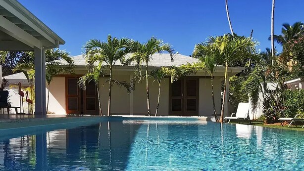 A clear swimming pool surrounded by palm trees and lounge chairs. - 5 bedroom villa, large swimming pool 250m from the sea (Las Terrenas)