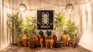 A row of terracotta pots with plants, a wall with a logo, and hanging lights.
