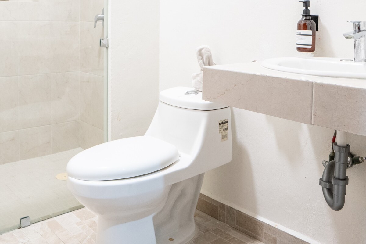 A bathroom with a white toilet, a sink, and a shower area.