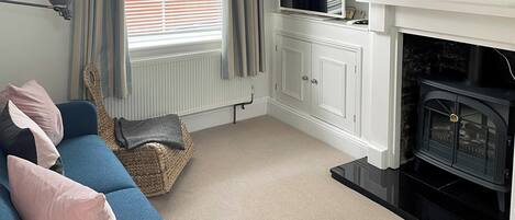 Una chimenea, un reproductor de DVD