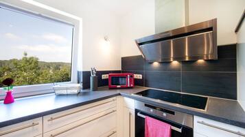 Frigorífico, microondas, horno y placa de cocina