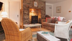 A cozy living room with a fireplace, wicker furniture, and a bookshelf. - 3 bedroom accommodation in Shadycombe Road (Shadycombe Road)