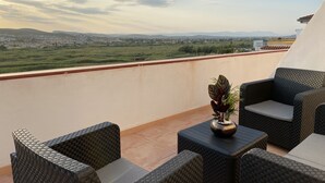 A balcony with wicker furniture, a potted plant, and a view of a distant cityscape.