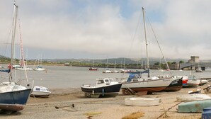 Un port de plaisance où sont amarrés différents types de bateaux, une plage de sable et un pont en arrière-plan.