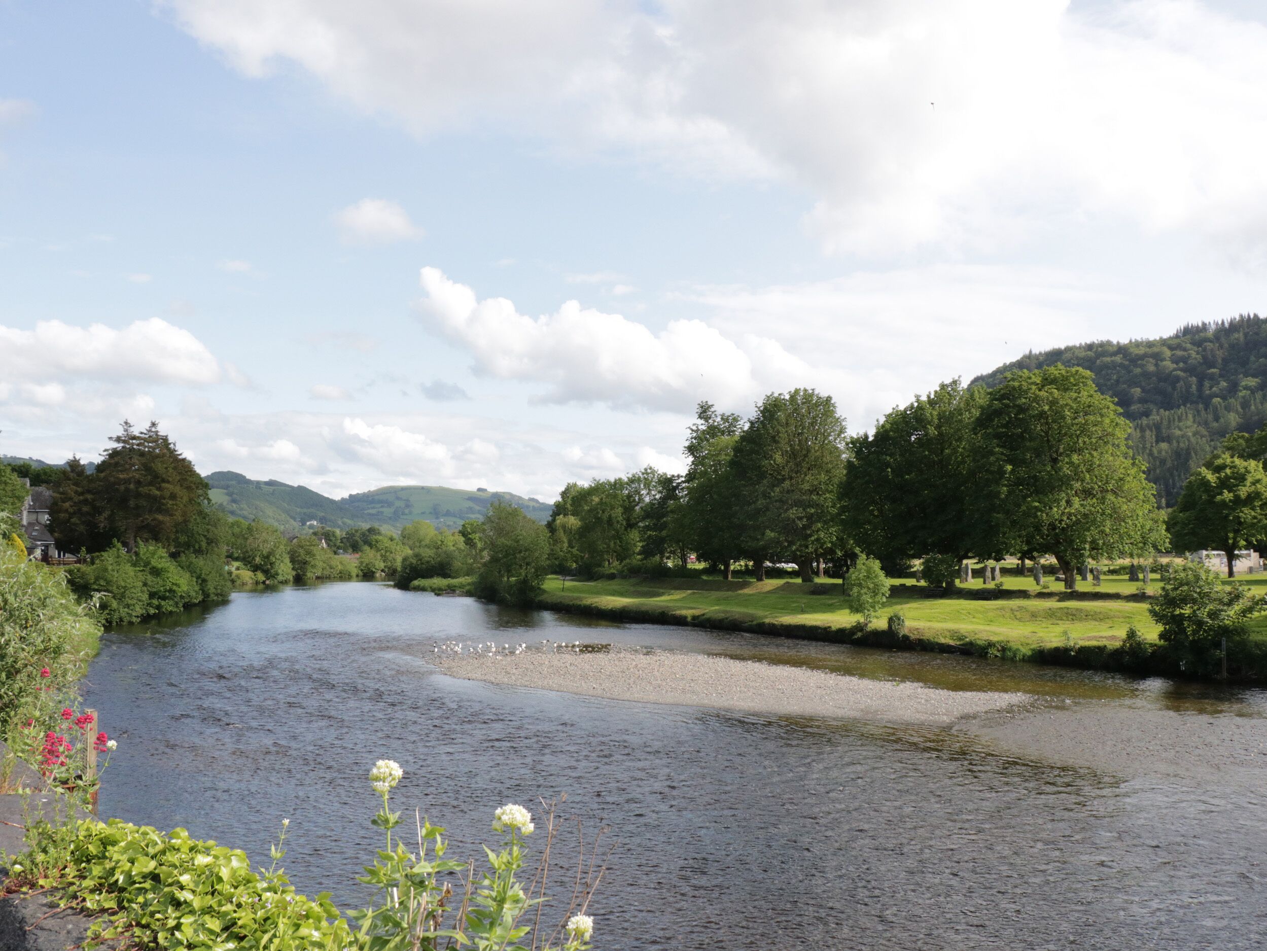 A river flowing through a park with trees and a distant hill.