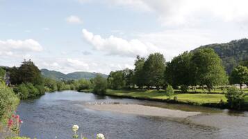 A river flowing through a park with trees and a distant hill.