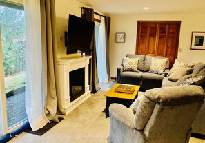 Smart TV, fireplace, video games, DVD player