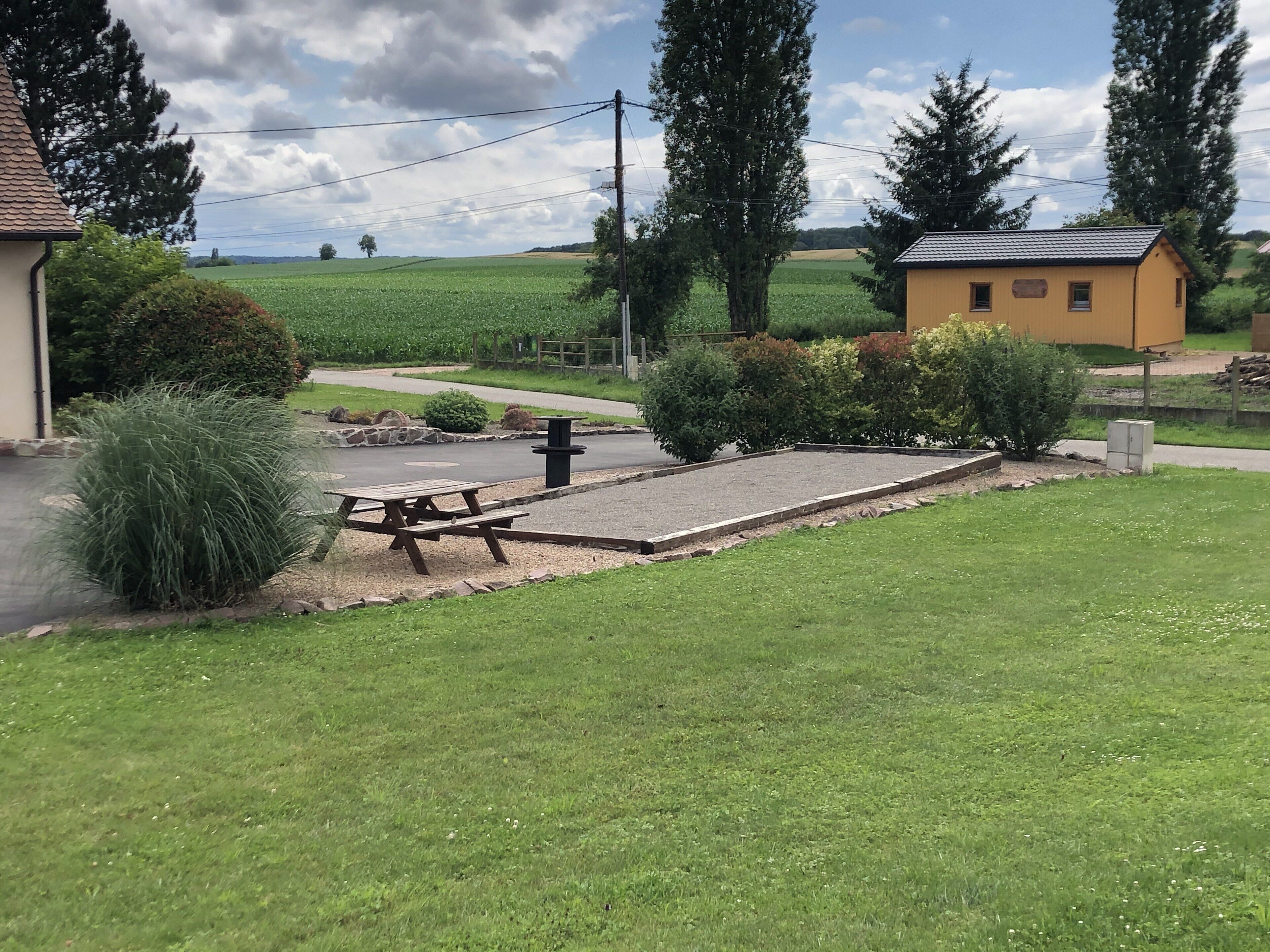 Un'area picnic con tavolo e panche, immersa in un prato erboso e alberato.