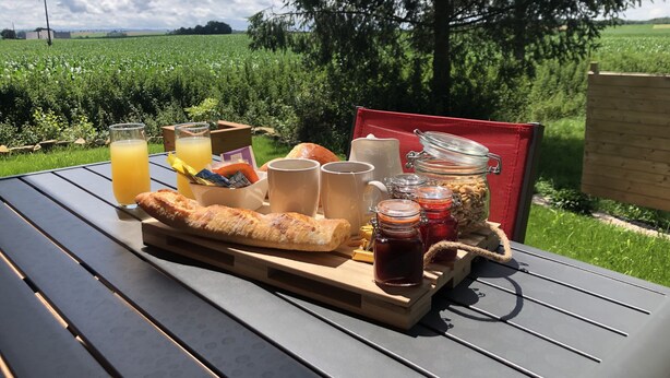 Una mesa al aire libre con comida y bebidas para un picnic.