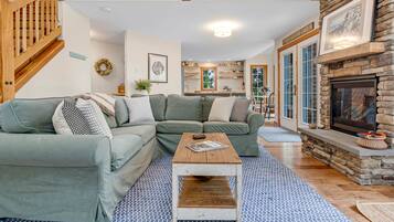 Smart TV, fireplace, books, video library