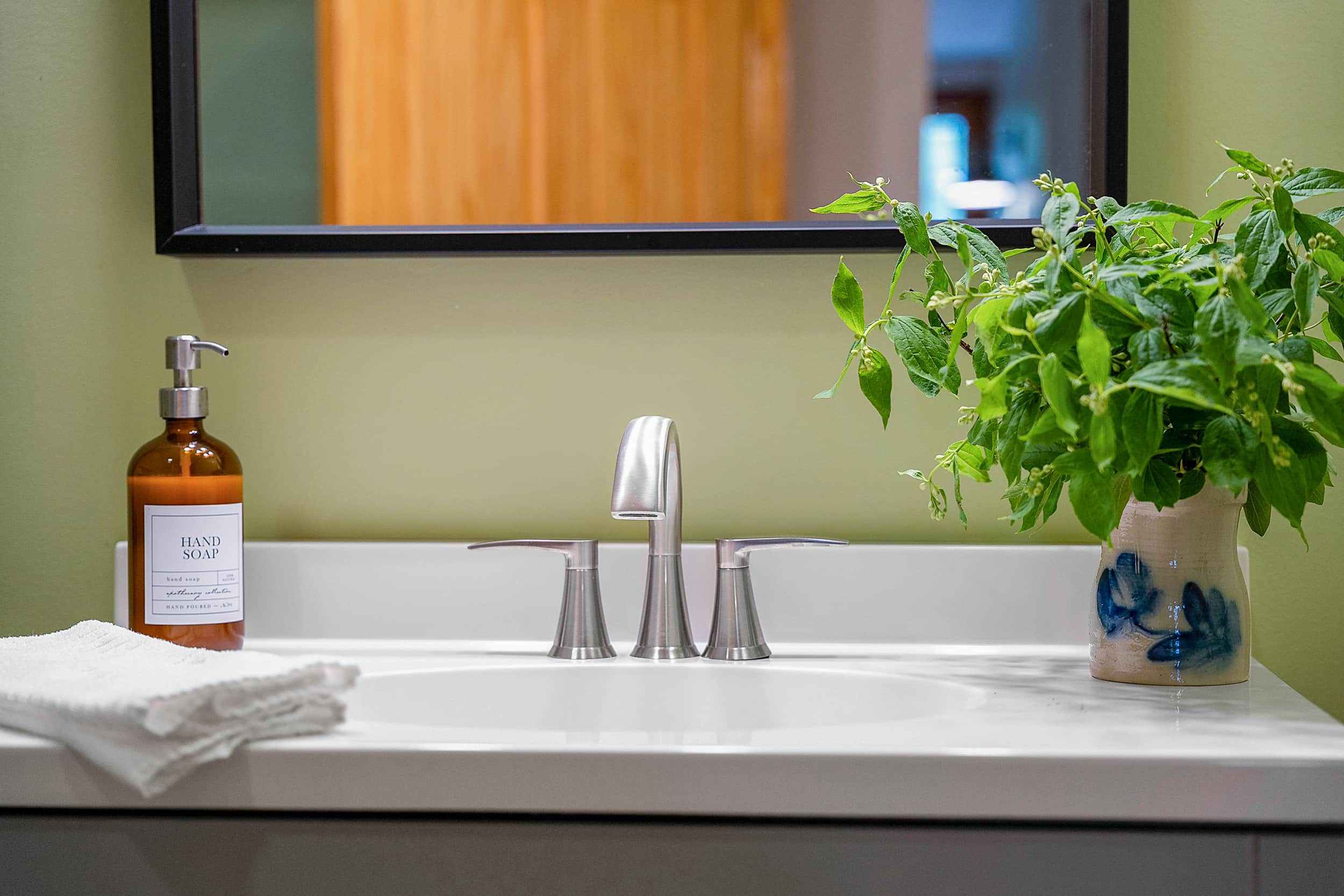 A bathroom sink with a hand soap dispenser, a towel, and a potted plant.