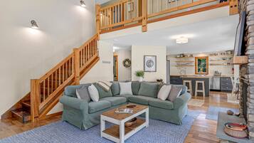 Smart TV, fireplace, books, video library