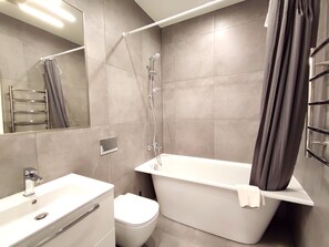 Ensemble douche/baignoire, sèche-cheveux, serviettes fournies, savon