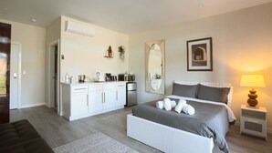Un dormitorio moderno con una cama grande, una mesita de noche con lámpara, un armario empotrado, una zona de cocina y un espejo amplio.