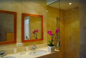Combined shower/bathtub, hair dryer, towels, soap