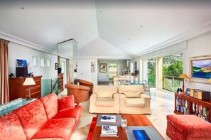 Smart-tv, een open haard, een dvd-speler en boeken