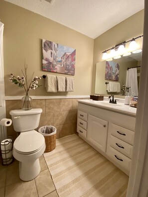 Combined shower/bathtub, hair dryer, towels, soap