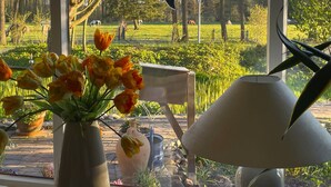 Vista a través de una ventana con un jarrón de tulipanes, una lámpara y una escultura de pájaro en un jardín.